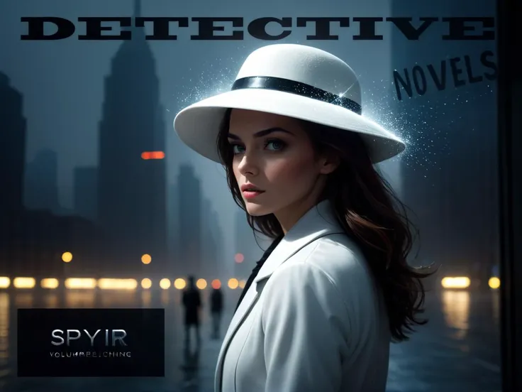 (comic style), 1girl, dark scene, (medium close up shot of spy girl in white coat and white hat), night city, (mist), particles, (light rain), woman focus, night, outdoors, serious, dark atmosphere, city lights, (reflective glass), sky scrapers, New York city, detailed city background, Artstation, by Bob Eggleton, dramatic camera angle, (volumetric lighting), (best quality), intricate details, tone mapping, sharp focus, very detailed, ((empty hands)), (good composition), (good proportions), (good architecture), (award winning), (masterwork), (masterpiece)