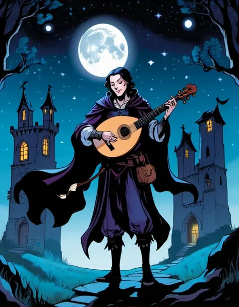 breathtaking graphic novel illustration of At a moonlit crossroads in a mystical realm, a bard with a lute and a cloak of stars serenades wandering spirits. The melodies weave tales of love and loss, and the spirits dance in a mesmerizing display. <lora:Graphic_Novel_Illustration_Civitai-000007:1>