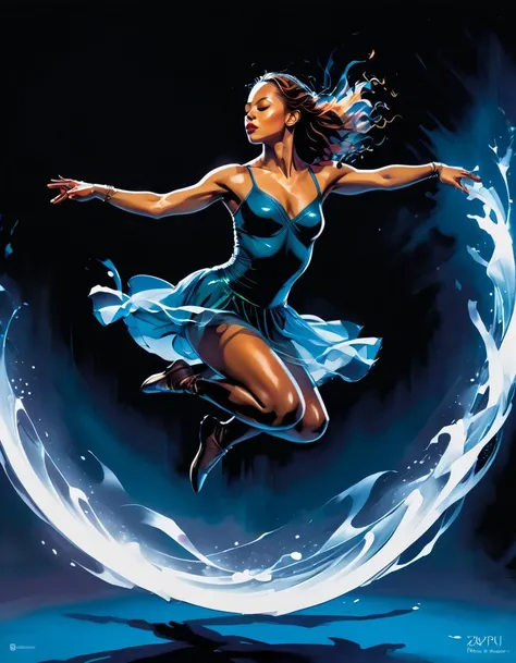 A graphic novel illustration of A dynamic shot of a dancer leaping gracefully, with every movement trailed by a ghostly, painted afterimage, intricate accurate details, capturing the fluidity and colors, 8K. <lora:Graphic_Novel_Illustration-000007>