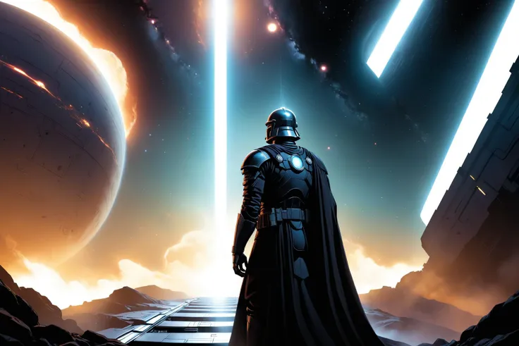 graphic novel illustration, (cinematic film still:1.3) of a galactic emperor dark and gritty scifi cinematic lighting