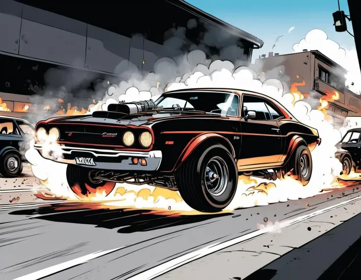 breathtaking graphic novel illustration of a car doing a burnout <lora:Graphic_Novel_Illustration-000007:1>
