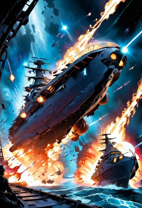 breathtaking graphic novel illustration of a On the bridge of a battle cruiser, a captain commands her fleet into an epic space battle. The vastness of space is lit up by the fire and fury of lasers and missiles, painting a scene of chaos and determination.  <lora:Graphic_Novel_Illustration_Civitai-000007:1>