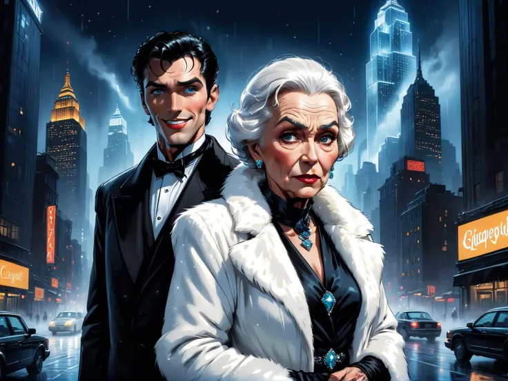 (comic style), face a young boyfriend, (black hair), blue eyes, white teeth smile, a (film noir character:1.3), dark scene, (realistic:0.8), night, outdoors, rain, serious, dark atmosphere, city lights, (reflective glass), sky scrapers, New York city, detailed city background, dynamic pose, dramatic camera angle, (Art by J Scott Campbell:1.6), (volumetric lighting), (best quality), intricate details, tone mapping, sharp focus, very detailed, (good composition), (good proportions), (good architecture), (award winning), (masterwork), (masterpiece), Artstation, by Bob Eggleton <lora:Graphic_Novel_Illustration:0.55>graphic novel illustration