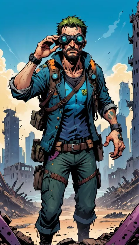 graphic novel illustration (vibrant:0.7) comic book ink style, A post-apocalyptic survivor in a rugged, patched-together outfit, scans the horizon with binoculars, a ruined city in the backdrop. <lora:Graphic_Novel_Illustration-000007(1):0.6> Dark and gritty.
