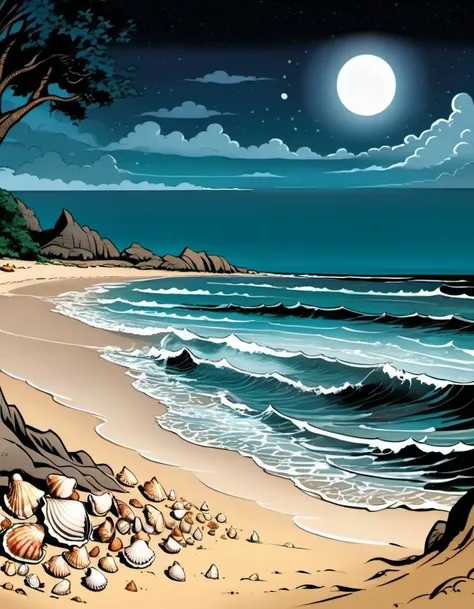 breathtaking graphic novel illustration On a beach where the waves are woven with stories, a storyteller with a loom of moonlight crafts tales from the tides. Shells whisper legends, and the horizon is a tapestry of adventures yet to be told. <lora:Graphic_Novel_Illustration-000007:1>