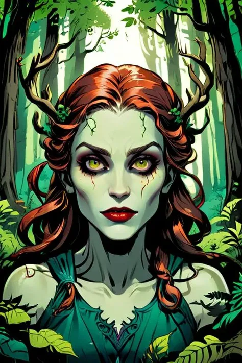 woman in a mythical forest, masterpiece, perfect face, intricate details, horror theme <lora:Graphic_Novel_Illustration:1> graphic novel illustration