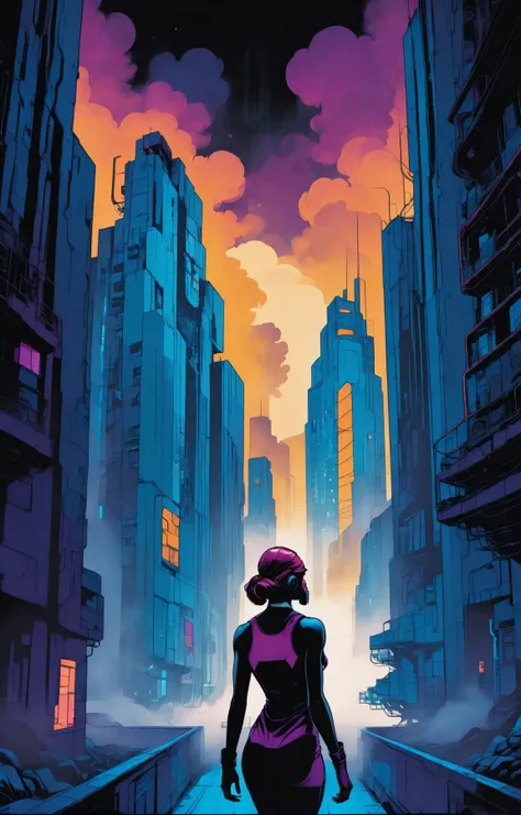 graphic novel illustration. The silent sound of her dreams. sense of suspense and mystery. vibrant and moody, brutalism, cyberpunk-hued colors, hazy, epic mist <lora:Graphic_Novel_Illustration-000007:1>