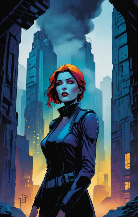 graphic novel illustration. portrait of the silent sound of her dreams. sense of suspense and mystery. vibrant and moody, brutalism, cyberpunk-hued colors, hazy, epic mist <lora:Graphic_Novel_Illustration-000007:1>