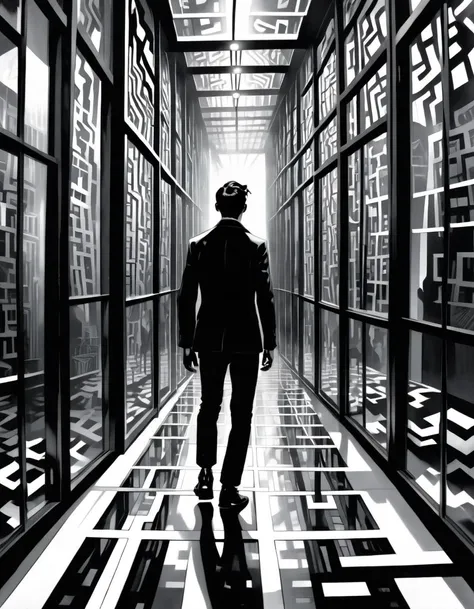 A graphic novel illustration of A high-contrast black and white photograph showing a person walking through a maze of reflective glass walls, distorted multiple images, disorienting effect, reminiscent of the surreal work of Man Ray <lora:Graphic_Novel_Illustration-000007>