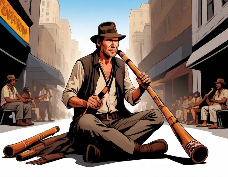 graphic novel illustration, harrison ford aka "indiana jones", sitting, busking downtown with an aboriginal didgeridoo, clean lines, crisp, sharp, <lora:didgeredoo:0.7> <lora:Graphic_Novel_Illustration:0.7>
