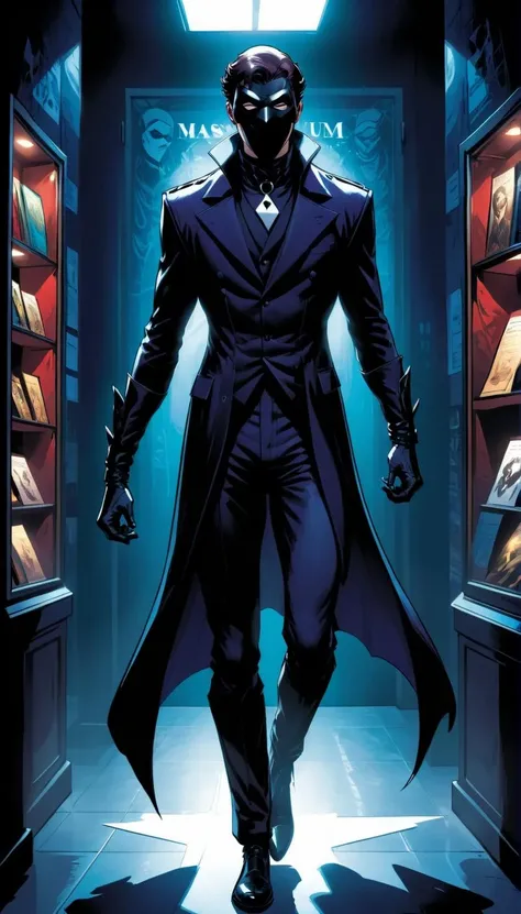 graphic novel illustration (vibrant:0.7) comic book ink style, A phantom thief in a sleek, shadowy outfit with a mask that obscures their identity, sneaks through a high-security museum. <lora:Graphic_Novel_Illustration-000007(1):0.6> Dark and gritty.