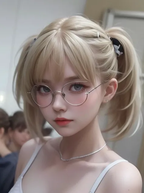 look at viewer,(masterpiece, best quality), 1girl, RAW PHOTO,GIRL 18 YEARS OLD,GIRL OF RUSSIAN APPEARANCE,MARIA,BLONDE HAIR,WO SIDE PONYTAILS,HAIR BANG,BEAUTIFUL HAIRSTYLE,BEAUTIFUL EYELASHES,ROUND GLASSES WOMEN,PALE SKIN,BEAUTIFUL MEDIUM BREASTS,PERFECT ANATOMY OF A YOUNG GIRL <lora:Maria:1> nsfw, sexy , detailed face <lora:Titfuck_Realistic:0.2>