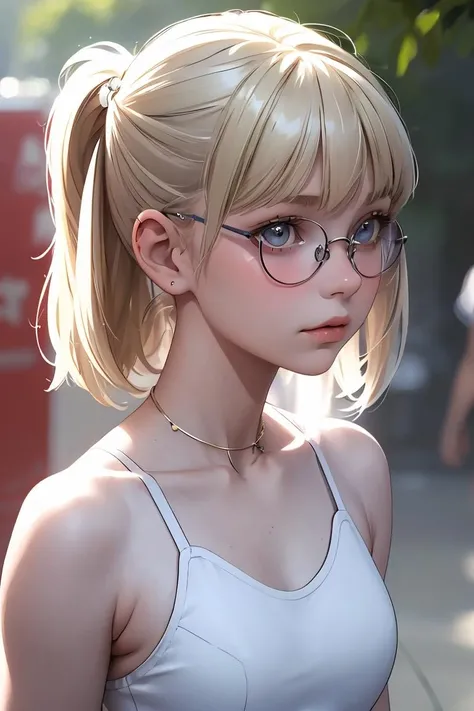 (masterpiece, best quality), 1girl, <lora:Maria:1> RAW Photo, girl 18 years old, girl of Russian appearance, Maria, blonde hair, two side ponytails, hair bang, beautiful hairstyle, beautiful eyelashes, round glasses women, pale skin, beautiful medium breasts, perfect anatomy of a young girl