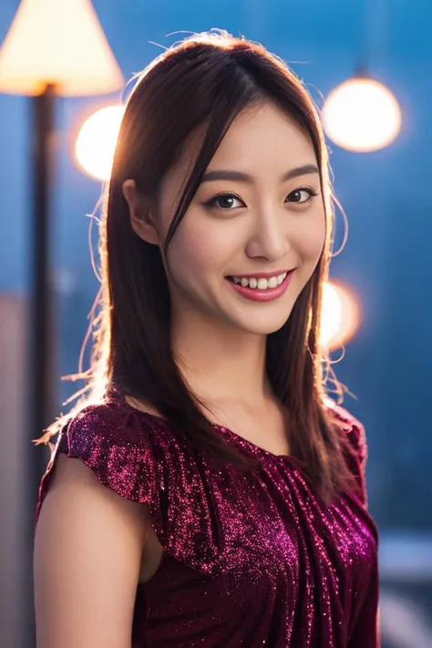 girl,(wearing a glittery sexy evening dress),(RAW photo, best quality), (realistic, photo-realistic:1.4), masterpiece, an extremely delicate and beautiful, extremely detailed, 2k wallpaper, Amazing, finely detail, extremely detailed CG unity 8k wallpaper, ultra-detailed, highres, soft light, beautiful detailed girl, extremely detailed eyes and face, beautiful detailed nose, beautiful detailed eyes,cinematic lighting,city light at night,perfect anatomy,slender body,smiling <lora:araielina_lora:1>