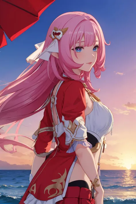 zero two from (darling in the franxx), waring a read bikini in the beach, full body, high ris, photo realistic,looking at viwer, masterpece, 4k