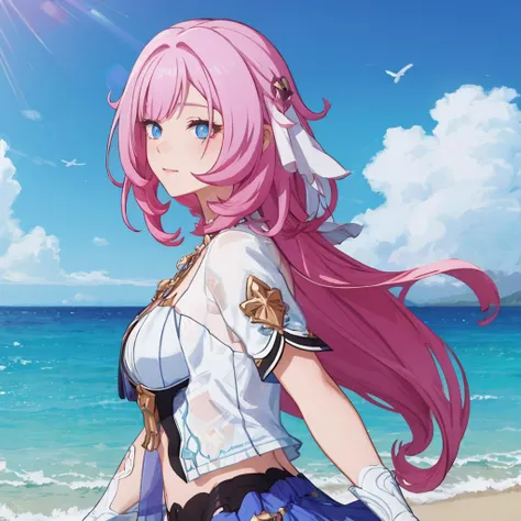 <lora:ElysiaMERGE:1>,1girl,sea,blue clothes,