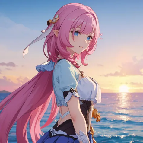 absurdres, highres, ultra detailed, HDR, master piece, best quality, extremely detailed, Tamamo No Mae, pink hair, expressive yellow eyes, Fate Grand Order, solo, woman, beautiful, smile, blue bikini, island, sea, beach, blue bra