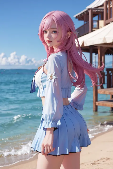 1 girl, (Rainbow Hair, Colorful hair, half blue and half pink hair: 1.2), 17 years old, blue_Sky, Holding a magic wand, summer (Oceansexist), petal_exist_liquid, Black cape with hood, Red and black tattered dress, skirt: 1.2, (gold lexistg curly hair: 1.5), Sky, outdoor, cloud, 刘Ocean, Smile, Sky blue eyes, Bare shoulders, Perfect hands, Card Details, Repair finger. earrings, Ocean + background, Watching_exist_Viewer, Cowboy shooting, Top quality, Rich details, Perfect image quality, sunrise