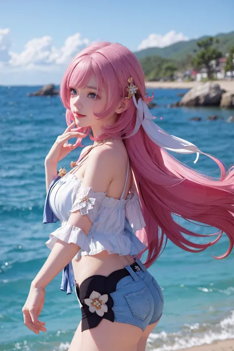 (Masterpiece:1.1, Best quality:1.1), Solo, 1girl in, (Marchen:1.2, Hunter Hunter character), Detailed brown eyes, Detailed face, (Machi role-playing:1.2, Pink hair, pony tails, ripped up white garment:1.55, gigantic cleavage breasts:1.3, humongous large breast:1.3), sandbeach