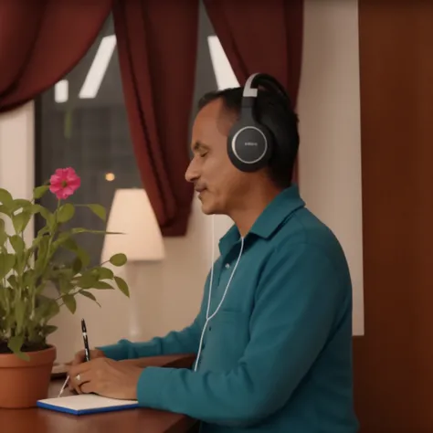 canetaazul sitting at a desk with headphones on and pencil in hand writing on a book, with a plant on desk, with a big window in the background, with a cat on straight white window ledge in the background, with a stack of text books in the background, by Studio Ghibli