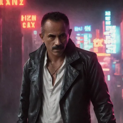 A color photo of canetaazul as a (cyberpunk thief) in a city, sexy, hairy chest, white shirt, short beard and mustache , photorealist, intricate, highly detailled, analog, by Constance Gordon-Cumming, intricate detail, skin details and skin pores, trending on deviantart, portrait of gigachad, photorealist, (well drawn grey eyes),award photography, canon, 35mm, trending on artstation, modelshoot, analog, blade runner, vivid and buzzling, cyberpunk, volumetric light, studio light, armored leather, chips and laces, flashing lights, rainning, digital painting, concept art, by Greg Rutkowski and midjourney