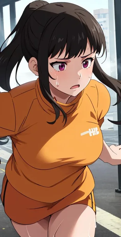 Maki, 1girl, solo, ponytail, bangs, muscles, ((outside)), ((running)), (((sweating))), perfect quality, good quality, masterpiece, HDR, UHD <lora:MakiOze:0.6>