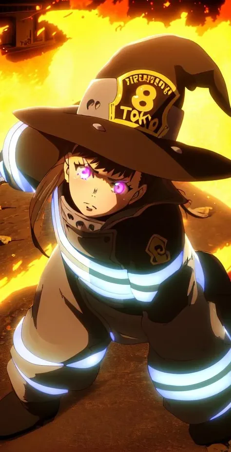 Maki, 1girl, solo, looking at viewer, ponytail, bangs, witch hat, glowing eyes, flames, coat, pants, gloves, perfect quality, good quality, masterpiece, HDR, UHD <lora:MakiOze:1>