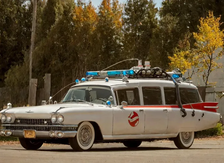 Highly detailed RAW full color high quality wide-angle 16mm photograph of a dirty rusted old ecto_1 speeding through downtown New York City (((at night))), ((motion blur)), headlights on, emergency lights on, flashers on, tinted windows, ((cinematic, studio lighting)), intricate, photorealistic, clean, clear, hyper-realism, hyper-realistic, high-res, 4k, 8k, dramatic, epic composition, sharp foucs, shallow depth of field, bokeh, ((nighttime)), professional, HDR, lens flare, (((green supernatural lighting in sky))), <lora:Ecto-1:1>