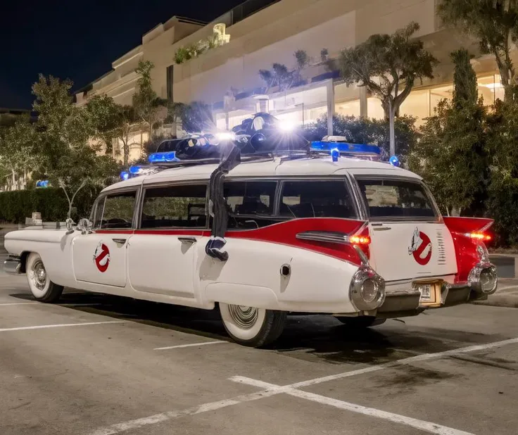 Highly detailed RAW full color high quality photograph of ecto_1 driving in downtown New York City at night, headlights on, emergency lights on, tinted windows, ((cinematic, studio lighting)), intricate, photorealistic, clean, clear, hyper-realism, hyper-realistic, high-res, 4k, 8k, dramatic, epic composition, sharp foucs, shallow depth of field, bokeh, ((nighttime)), professional, HDR, ((lens flare)),  <lora:Ecto-1:1>