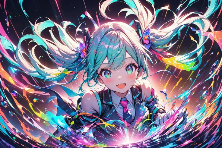 Hatsune Miku in the style of fl0r4lstyl3, (Masterpiece:0.9), best quality, (illustration, amazing quality:0.95), hyper detail, 1 girl, solo, dynamic angle, cyan colour scheme, :D, long twintails, bare shoulders, necktie, White gloves, (cinematic lighting, optical illusion:1.05), Neon splash, blooming, [(black background:1.4)::0.2], (audio spectrum background:1.4), <lora:Floral_Watercolour:0.8> <lora:SDXLFaeTastic2400:1.05>