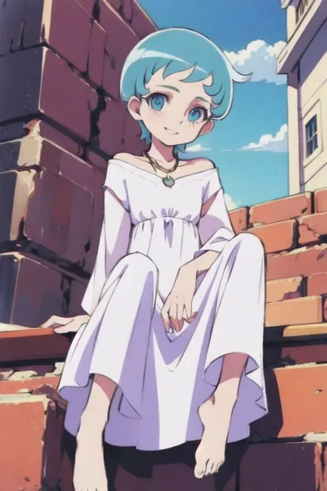 masterpiece, best quality, high quality details, 1girl, solo, blue eyes, smile,clenched teeth, short hair, white dress, flat chest, ice blue hair, golden collar necklace, barefoot