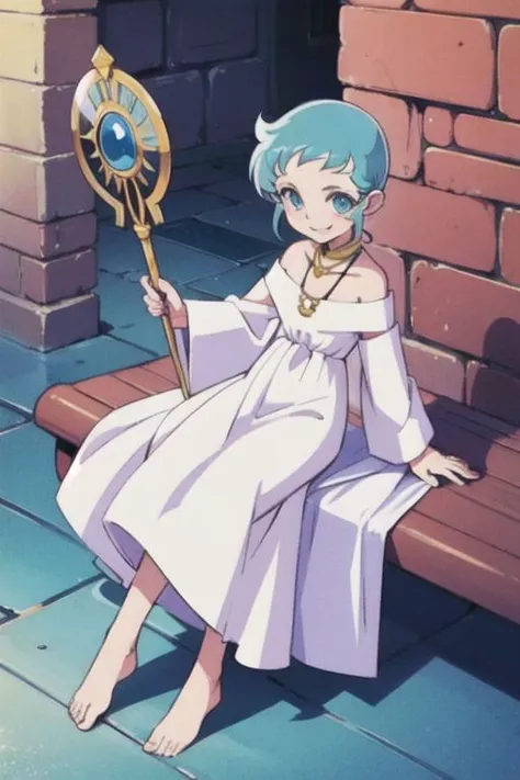 masterpiece, best quality, high quality details, 1girl, solo, blue eyes, smile,clenched teeth, short hair, white dress, flat chest, ice blue hair, golden collar necklace, barefoot