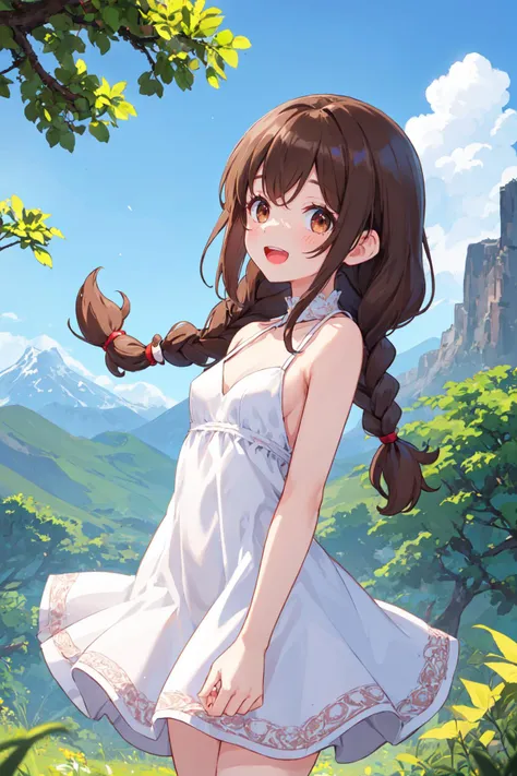 best quality, amazing intricate, cute girl, dark brown eyes, happy, :d, small breasts, 
dark brown hair, twin braids, white dress, 
from front, cowboy shot, standing, 
in the forest, mountain in the distance, sky