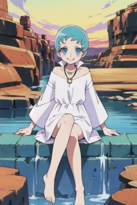 masterpiece, best quality, high quality details, 1girl, solo, blue eyes, smile,clenched teeth, short hair, white dress, flat chest, ice blue hair, golden collar necklace, barefoot