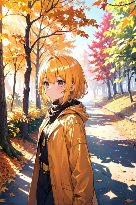 1girl, shimmering_gold_hair, amidst_autumn_leaves, forest_path, golden_hour_sunlight, sense_of_wonder