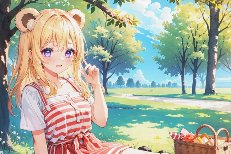 1girl, blonde_hair, bear_ears, excited, looking at viewer,
park, picnic,
(striped/dress/red/white),