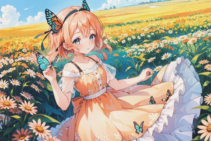 1girl, peach_hair, butterfly_wings, dreamy,
flower_field, daisies, daybreak,
(dress/airy/soft_orange), ribbon_headband