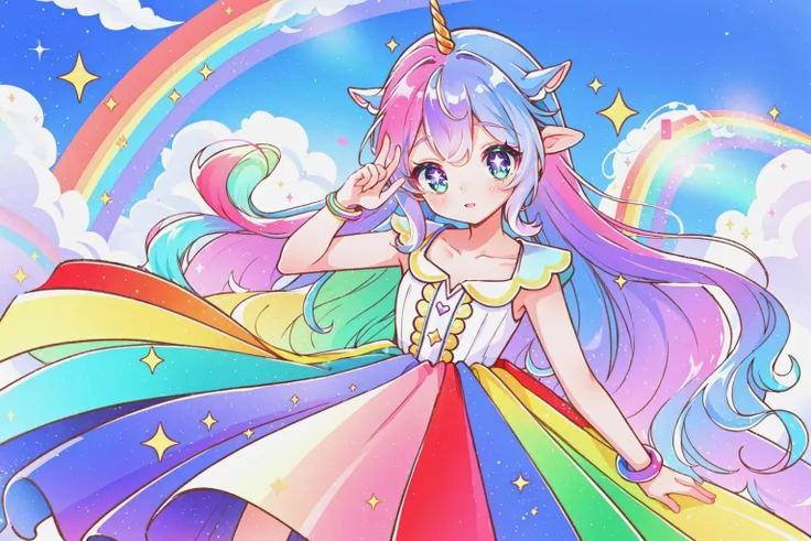 1girl, rainbow_hair, unicorn_ears, joyful,
waterfall, rainbows, unicorns,
(dress/sparkling/multi-colored), tiara
<lyco:PinkTeaV2:0.7>,