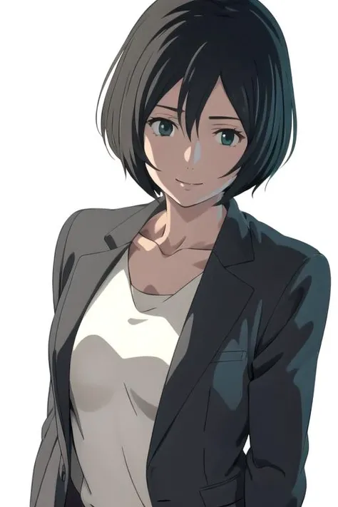solo, 1girl, looking at viewer, 2D, anime, anime coloring, upper body, (solid white background:1.3), <lora:yukari-kotonohaniwa-01:0.7>, yukari yukino, jacket, looking at viewer, smile