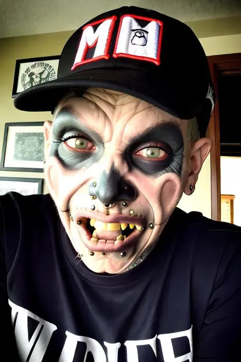1boy, hat, male_focus, solo, window, teeth, realistic, baseball_cap, what, horror_(theme), looking_at_viewer, no_humans, shirt, nose_piercing, monster, parody