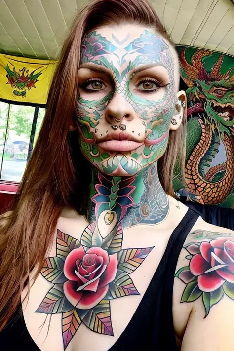 solo, 1girl, girl_focus, realistic, brown_hair, [colorful orate scales, dragons, roses, skull tattoo], indoors, lips, sharp facial_tattoo, nose, in a park