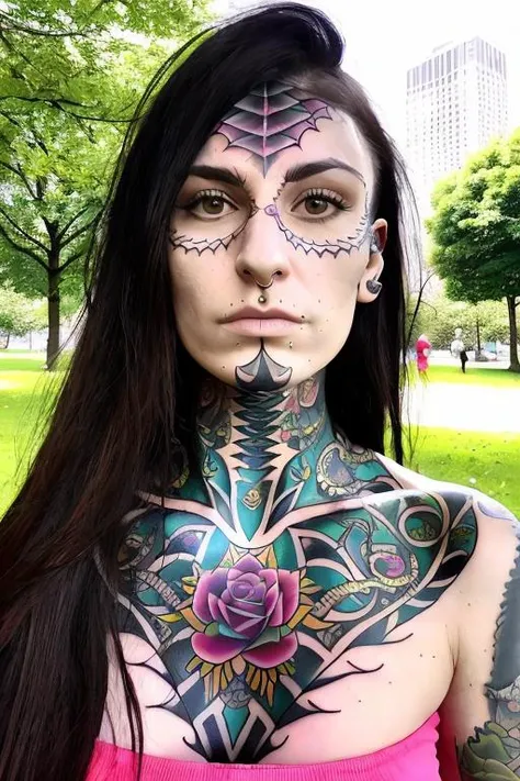 solo, , 1girl, girl_focus, realistic, brown_hair, [colorful orate scales, dragons, roses, skull tattoo], indoors, lips, sharp facial_tattoo, black_hair, long_hair, closed_mouth, brutally sharp tattooed, jewelry, nose, in a park
