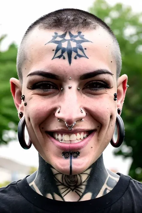 piercing, solo, 1boy, male_focus, very_short_hair, ear_piercing, black_hair, smile, nose_piercing, dark_skin, teeth, shirt, earrings, jewelry, realistic, lip_piercing, blurry_background, short_hair, blurry, white_shirt, portrait, black_eyes, upper_body, lips, buzz_cut, tattoo, nose, dark-skinned_male, eyebrow_piercing, grin, brown_eyes, barbell_piercing, outdoors