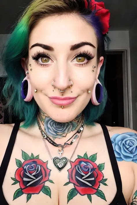 1girl, solo, jewelry, brown_eyes, earrings, flower, looking_at_viewer, smile, portrait, rose, black_hair, multicolored_hair, piercing, lips, necklace, upper_body, closed_mouth, eyelashes, blue_flower, blue_rose, nose, green_hair, brown_hair, short_hair