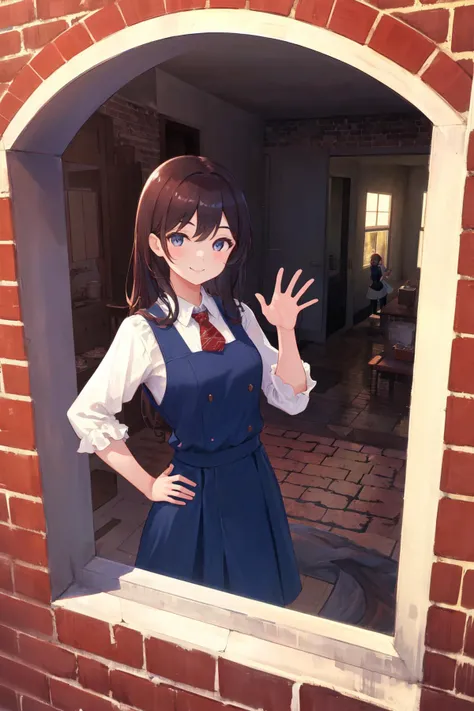 masterpiece, best quality, highres, 1girl from outside window <lora:from_outside_window:1.4> smile, hand on hip, waving, brick wall