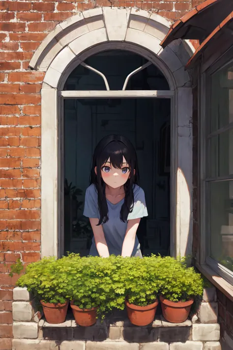masterpiece, best quality, highres, 1girl, from outside window <lora:from_outside_window:1> brick wall, open window, plant