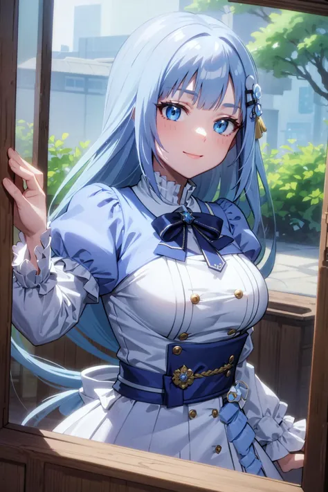 masterpiece, best quality, ultra-detailed,
aatsumugi, long hair, sky blue hair, low-tied long hair, blunt bangs, hairclip, skindentation, smile, upperbody, close-up, POV, sharp eyes, from outside window,
<lora:shiraishi_tsumugi_v1:0.7> <lora:ChichiBukuro:1> <lora:from_outside_window:1>