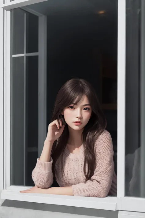 masterpiece, best quality, highres, 1girl, from outside window <lora:from_outside_window:1> photorealistic