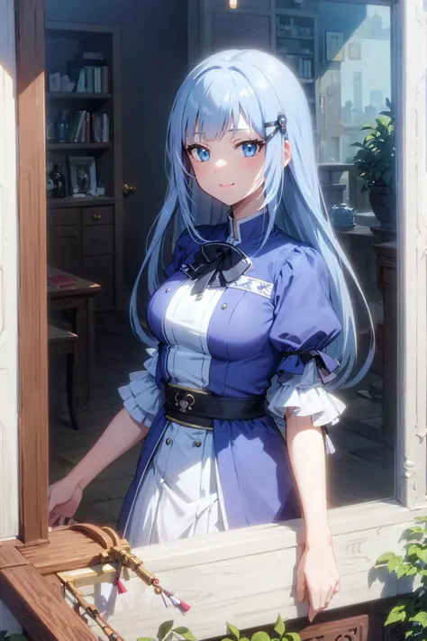 masterpiece, best quality, ultra-detailed,
aatsumugi, long hair, sky blue hair, low-tied long hair, blunt bangs, hairclip, skindentation, smile, POV, sharp eyes, from outside window,
<lora:shiraishi_tsumugi_v1:0.7> <lora:ChichiBukuro:1> <lora:from_outside_window:1>
