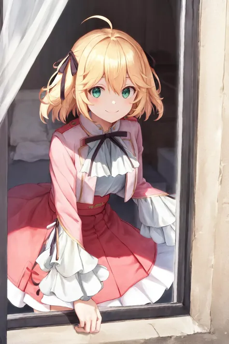 masterpiece, best quality, highres, 1girl anisphia ahoge hair ribbon, from outside window, smile, leaning forward, looking at viewer <lora:from_outside_window:1.8> <lora:anisphia:1> pink skirt frilled skirt white jacket cropped jacket white shirt white thighhighs frills black bow neck ribbon black ribbon wide sleeves